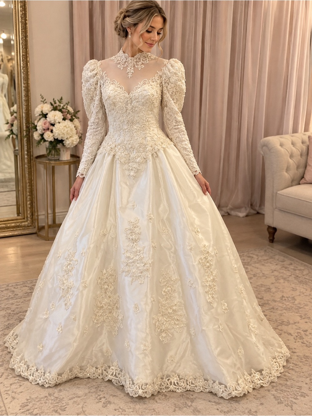 Vintage (F11) Private Label by G Ivory Lace High-Neck Long-Sleeve wedding gown
